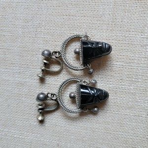 Vintage Black Onyx Mask Face Earrings Screwback Silver 925
